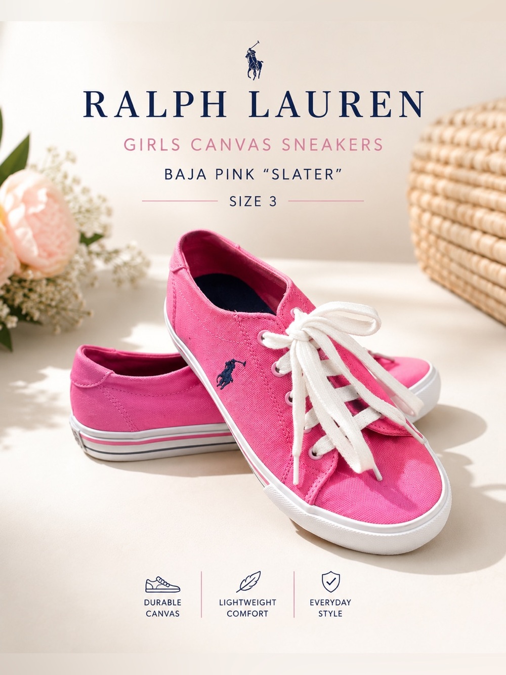 Ralph Lauren~Girls~Canvas Sneakers, Baja Pink “Slater”~Size 3